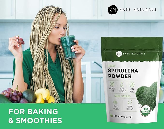 Kate Naturals Organic Spirulina Powder for Immune Support and Antioxidants. Nutrient Dense Superfood Supplement (8 oz, USDA Certified, Non-GMO, Gluten- Free)