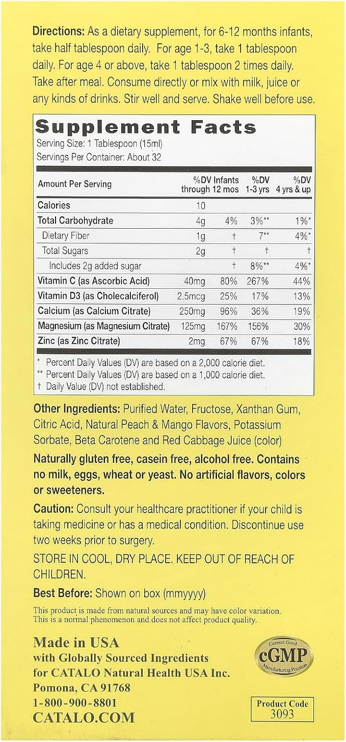 CATALO Children’s Liquid Calcium with Magnesium & Zinc, Peach and Mango Flavor, Multi-Minerals Profile Supports Bone & Teeth Growth, Boosts Immunity, High Absorbable, No Artificial Colors or Flavors
