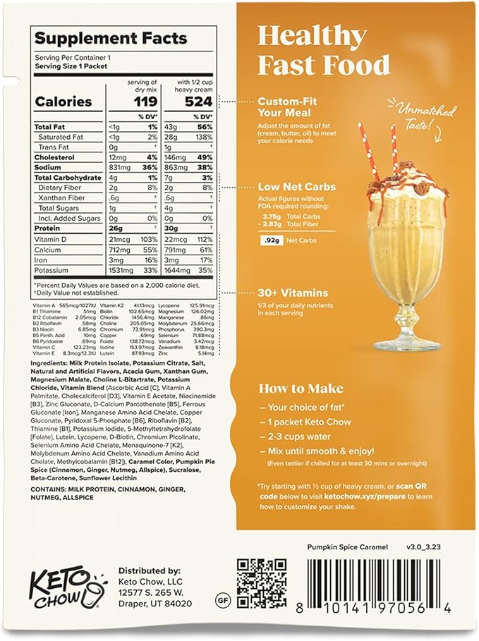 Keto Chow Caramel Pumpkin Spice | Keto Meal Replacement Shake Powder | Nutritionally Complete | Low Carb | Delicious Easy Meal Substitute | Protein Rich You Choose The Fat | 21 Meal Serving