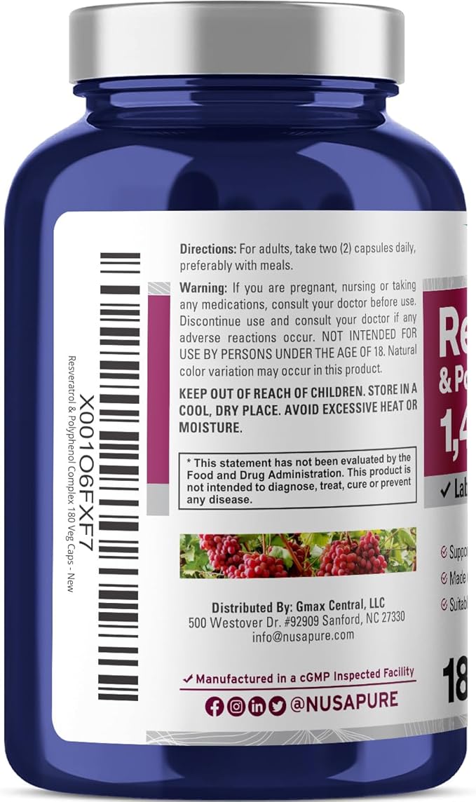 NusaPure Resveratrol & Polyphenol Complex 1450mg 180 Vegetarian Caps (Non-GMO, Vegan) Vitamin C