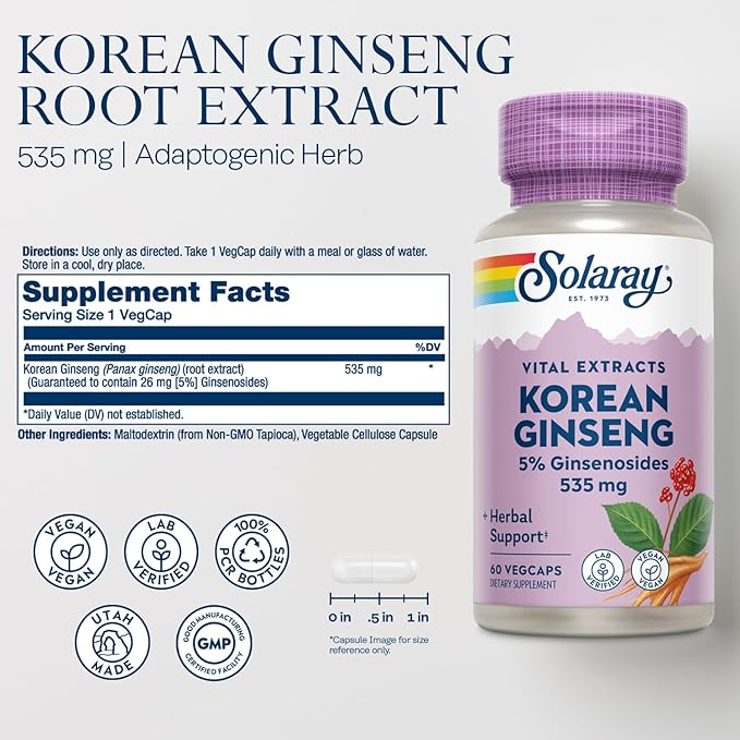 Solaray Korean Ginseng Root Extract 5% Ginsenosides 60 Servings, 60 VegCaps
