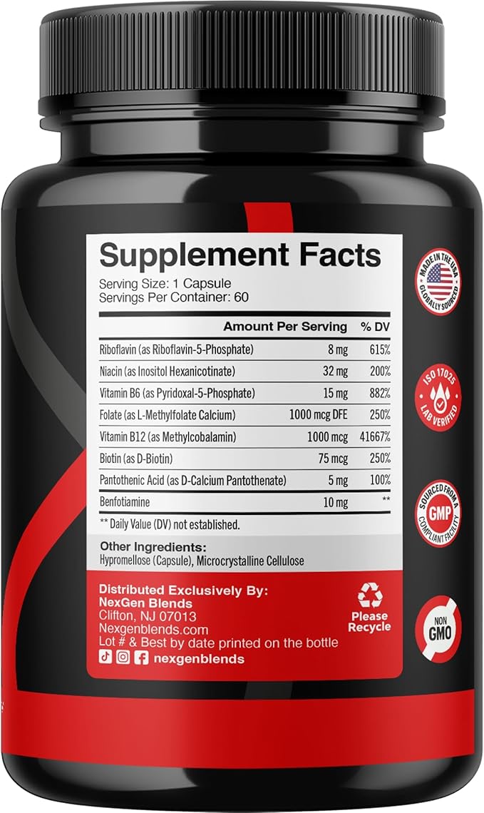 Methylated B Complex Vitamin Supplement 5-MTHF Methyl B12 Methylcobalamin 60 Caps