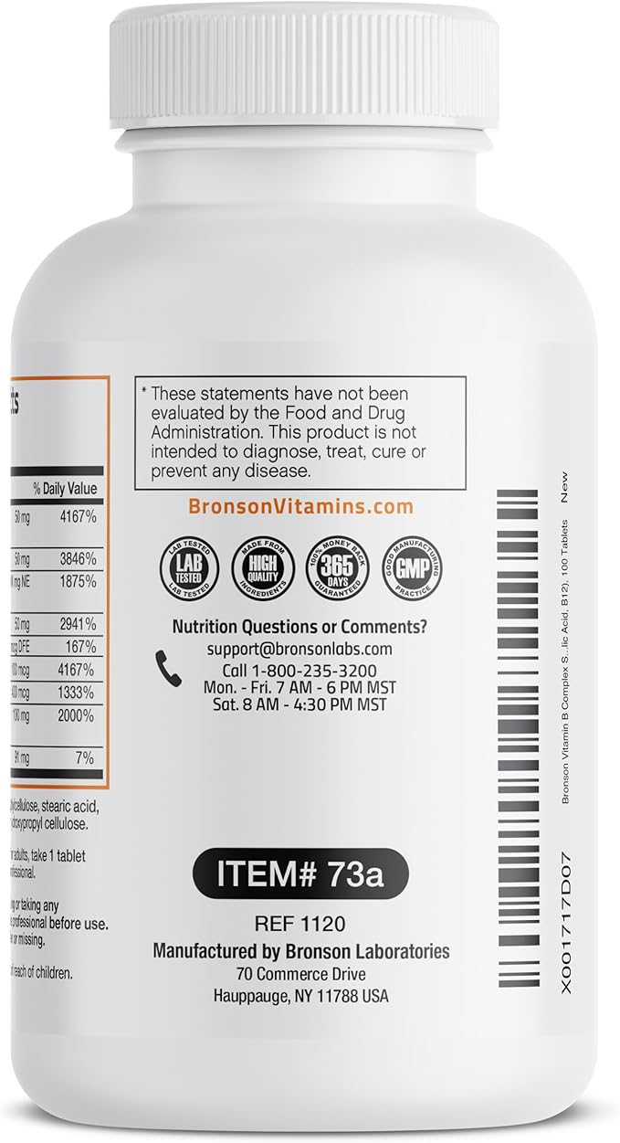 Bronson Super B Vitamin B Complex B1, B2, B2, B3, B3, B6, B6, B9 B9 - B12) Contains 100 Tablets
