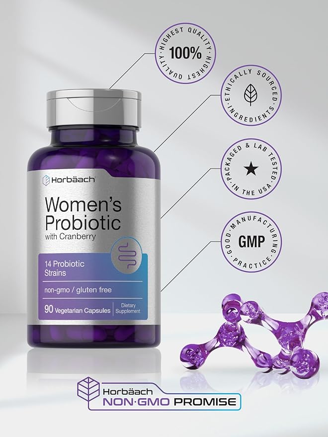 Horbaach Probiotic for Women with Cranberry | 90 Capsules | 14 Probiotic Strains | Non-GMO, Gluten Free Supplement
