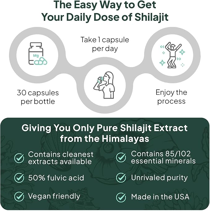 One-Per-Day Shilajit for Men and Women - Natural and Potent Shilajit Supplement for Age-Defying, Bone Strength, Hormone Support and More - 6 Bottles Shilajit Capsules