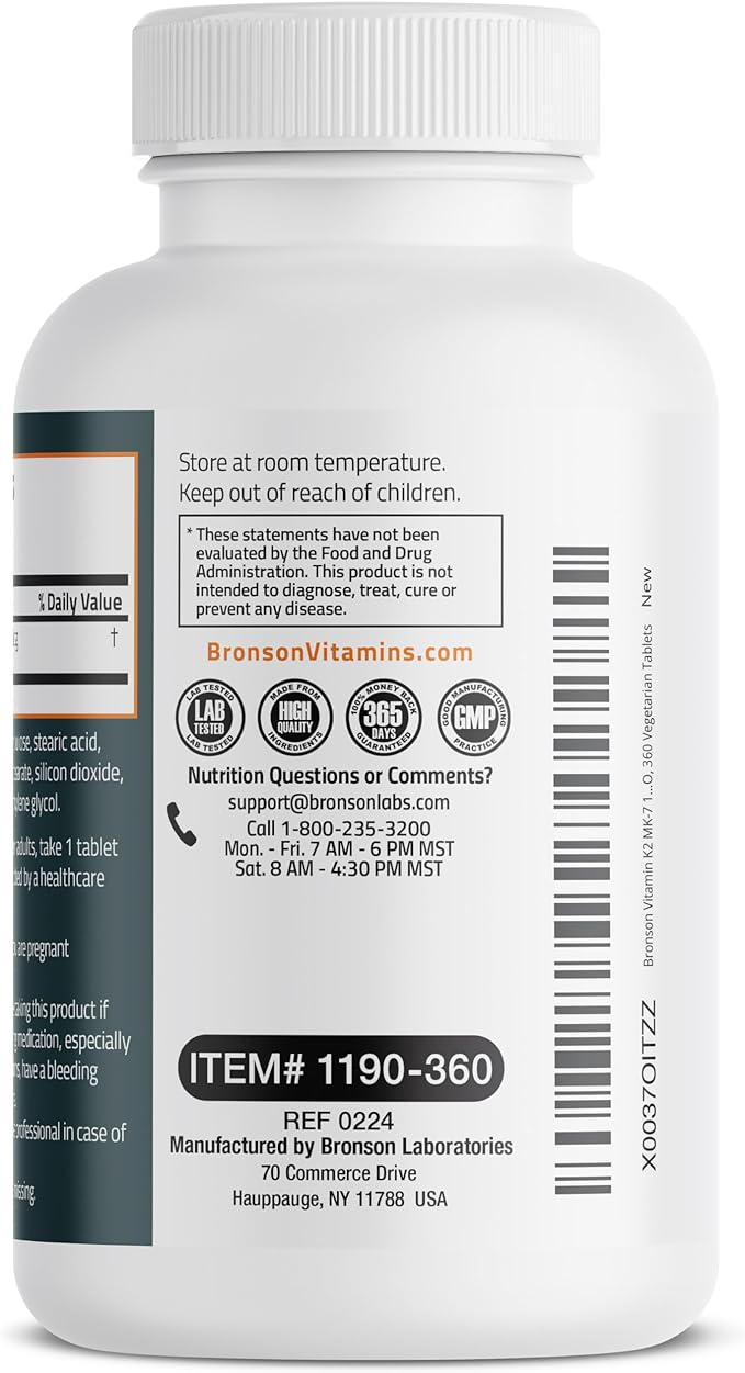 Bronson Vitamin K2 MK-7 100 MCG, K2 as MK7 Menaquinone, 1 Year 360 Tablets