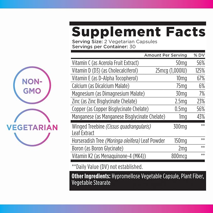 Livingood Daily Calcium Supplement for Women and Men, Bone Support with Vitamin C, Vitamin D3 K2, Magnesium, Zinc, Calcium, Vegetarian Capsules, Non GMO, Gluten Free, 60 Count
