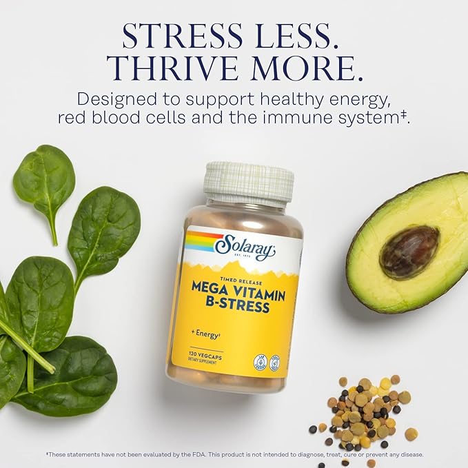 Solaray Mega Vitamin B-Stress, Timed-Release Vitamin 1000 mg 60 Day 40 Servings, 120 VegCaps