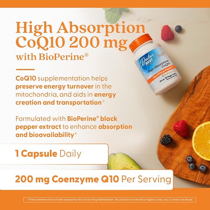 Doctor's Best High Absorption CoQ10 with BioPerine, Heart Health and Energy Production, Naturally Fermented, Non-GMO, Gluten & Soy Free, Vegan, 200 mg, Veggie Caps