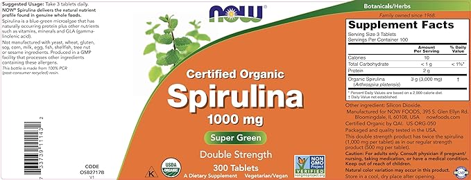 NOW Foods Organic Spirulina 1000mg Tablets 300 Count 1000 mg B-12 and