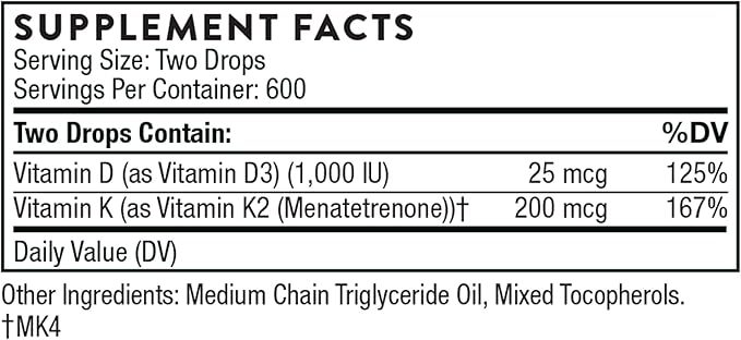 THORNE Vitamin D + K2 Liquid D3 and K2 to 1 Fl (30 ml) 600 Servings