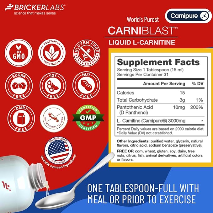 CARNIBLAST Liquid L-Carnitine 3000mg, Premium L Carnitine Carnipure, Energy Nutrition, Energy Supplement and Energy Booster, Raspberry, 16 fl oz