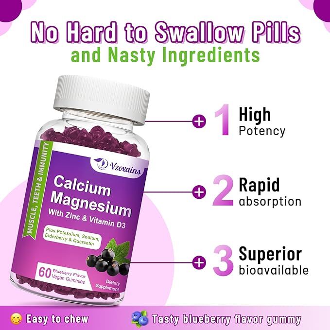 High Absorption Calcium Magnesium Zinc Gummies, D3 for 60 Cts