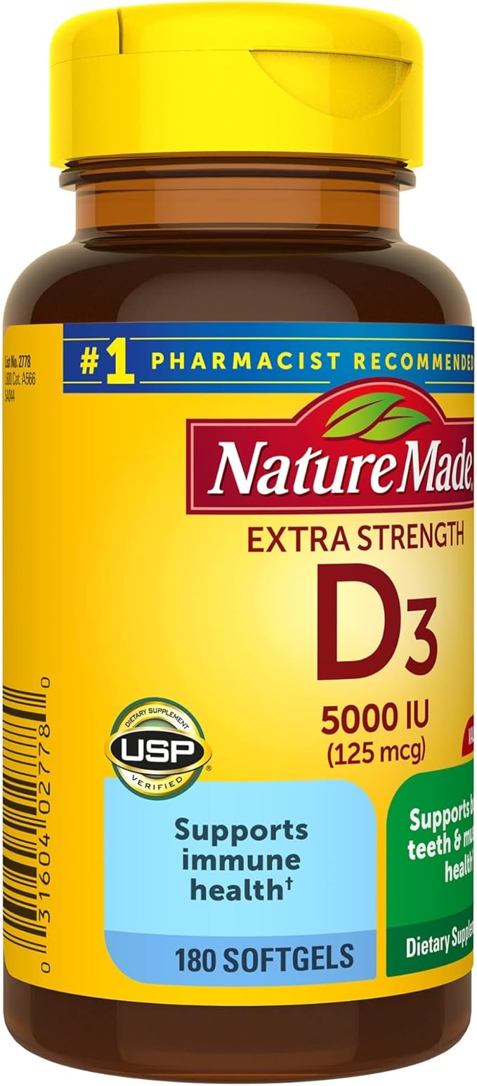 Nature Made Extra Strength Vitamin D3 5000 IU (125 mcg), 180 Softgels, 180 Day