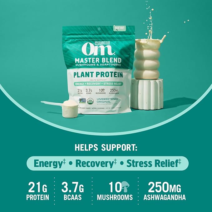 OM MUSHROOM SUPERFOOD Master Blend Mushroom Plant-Based Protein, 17.07 oz, 16 Servings Unsweetened Original