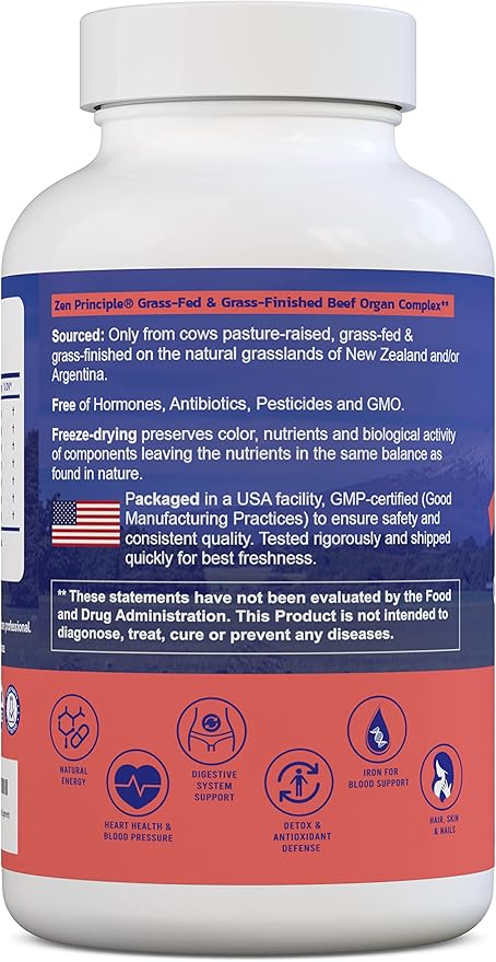 Zen Principle Grass Fed Beef Organs - Desiccated Liver, Heart, Kidney, Pancreas, Spleen, Intestine, Tripe/Stomach. Beef Organ Supplements
