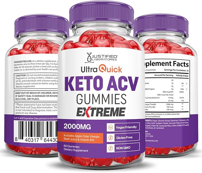 Justified Laboratories (2 Pack Ultra Quick Keto ACV Gummies Extreme 2000MG Ultraquick Keto Gummies Apple Cider Vinegar Formulated with Pomegranate Beet Juice Powder B12 Vegan Non GMO 120 Gummys