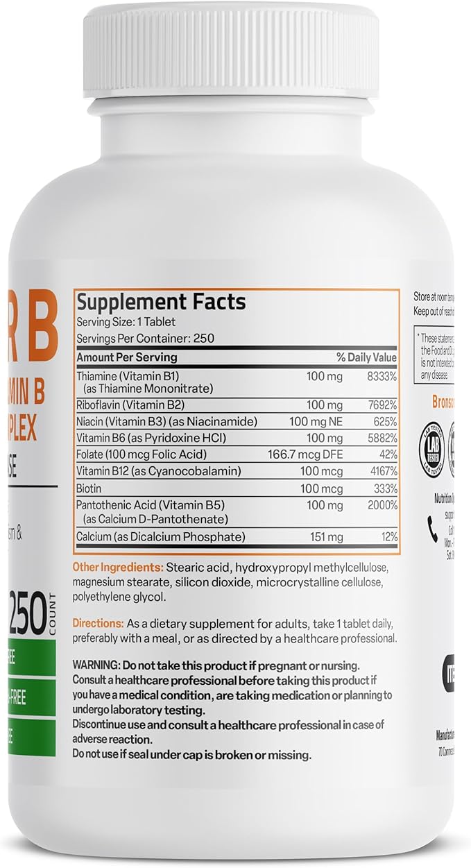 Bronson Super B 100 Vitamin B B1, B2, B2, B3, B3, B6, B6, B9 B9 - B12) Supports 250 Tablets