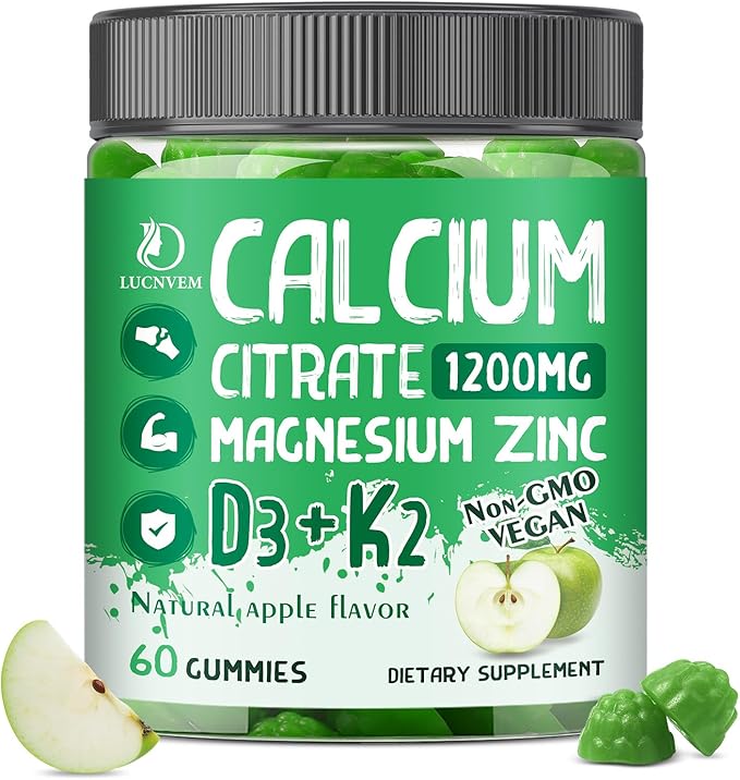 Calcium Citrate 1200 mg with Vitamin D3 Gummies, Calcium Citrate Magnesium Zinc with Vitamin D3 Supplement for Women & Men Bone & Teeth Support, Natural Apple Flavor - 30 Day Vegan Supply
