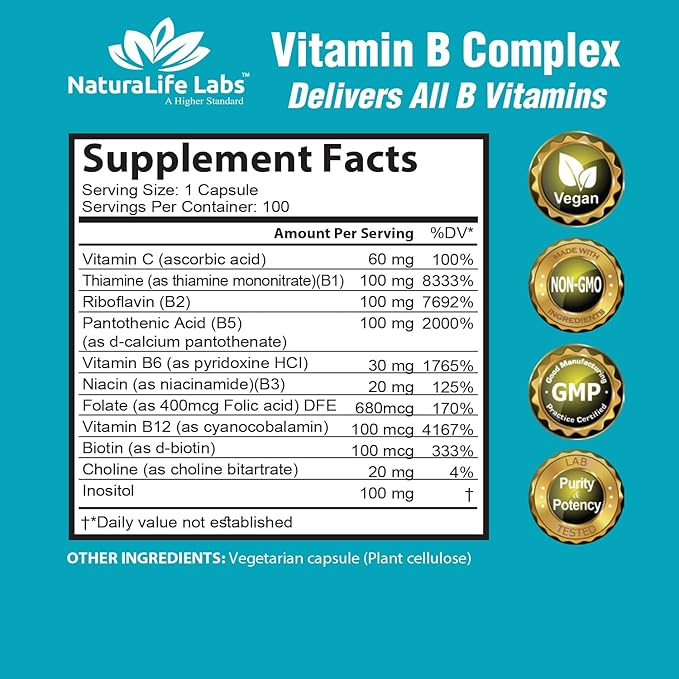 Vitamin B Complex with Vitamin C B12, B1, B1, B2, B2, B3, B3, Vitamin B5 Pantothenic B6, B7, B7, B9 B9 - 100 Veggie