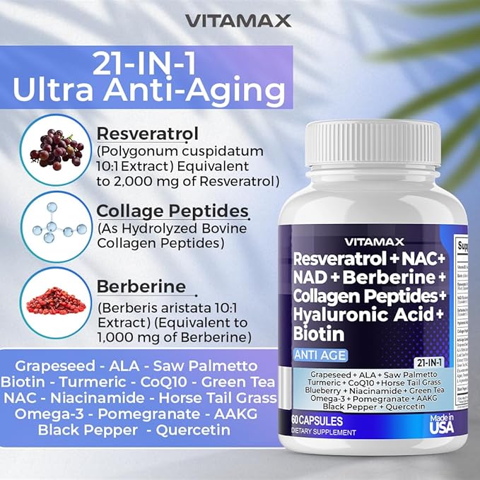 Vitamax Resveratrol NAD+ Berberine Hyaluronic Acid 21-in-1 Women 120 Count