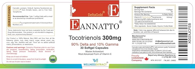 Eannatto Tocotrienols Deltagold Vitamin E Supplements (300MG 30 30 Softgels).