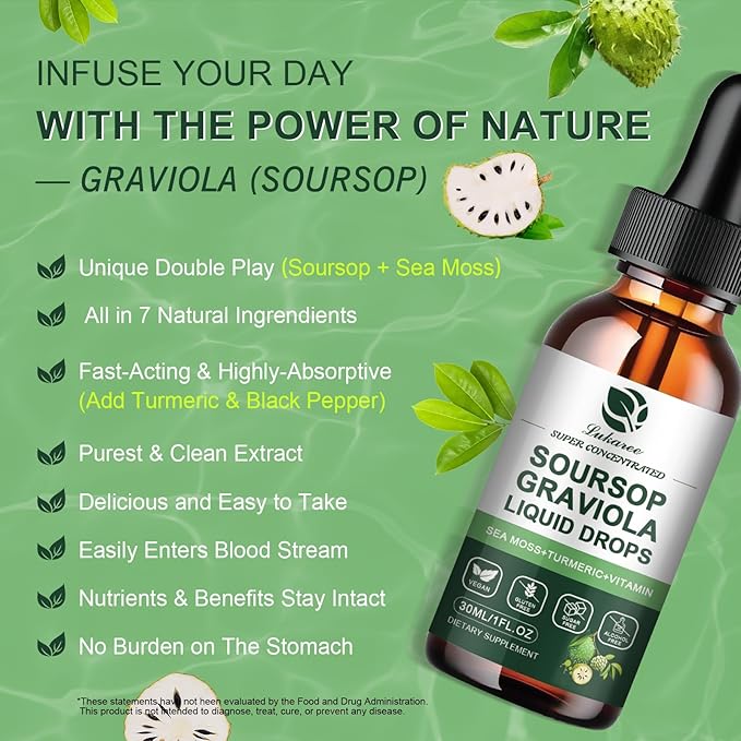 (2 Pack) Soursop Graviola Leaf Extract Liquid Drop Plus Pure Botanical Sea Moss for Cell Support & Regeneration, Immunity, Liver, Zzz & Antioxidant - Soursop Bitters Liquid, 2 Month Supply, 1 Fl Oz