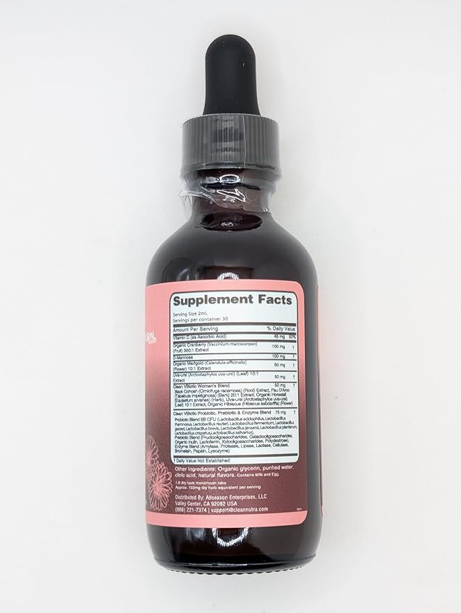 Clean Nutraceuticals VBiotic Vaginal Probiotic for Women Liquid Drops | Cranberry Uva Ursi Horsetail D-Mannose Prebiotics Marigold & Black Cohosh Vaginal Health Supplement | pH Balance