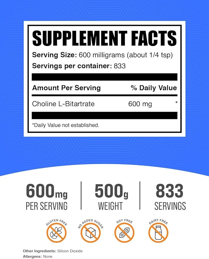 BulkSupplements.com Choline Bitartrate Powder - as Choline L-Bitartrate, Choline Supplement, Choline 600mg - Gluten Free, 600mg per Serving, 500g (1.1 lbs) (Pack of 1)