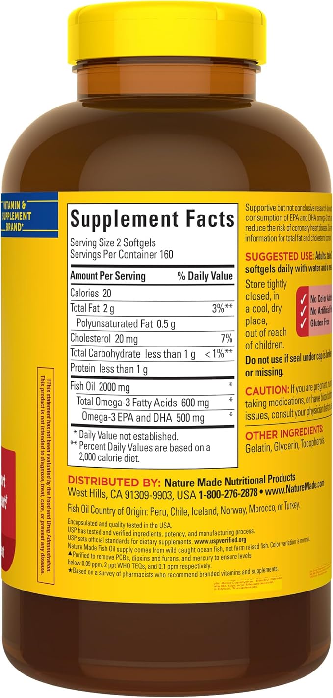 Nature Made Fish Oil 1000 mg 3 Fish 3 Supplement 320 Softgels, 160 Day
