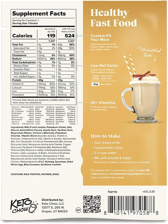 Keto Chow Holiday Eggnog | Keto Meal Replacement Shake Powder | Nutritionally Complete Keto Food | Low Carb Keto Meals | Delicious Easy Meal Substitute Drink | Protein Rich You Choose The Fat| Single Meal Sample