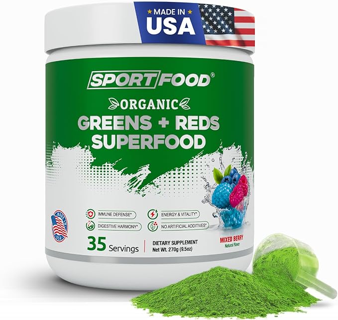SPORTFOOD Organic Greens & Reds Superfood Powder | Mixed Berry Flavor | 25+ Super Fruits & Veggies, Beets, Prebiotics | Energizing, Antioxidant-Rich, Keto-Friendly Smoothie Mix | 35 Servings