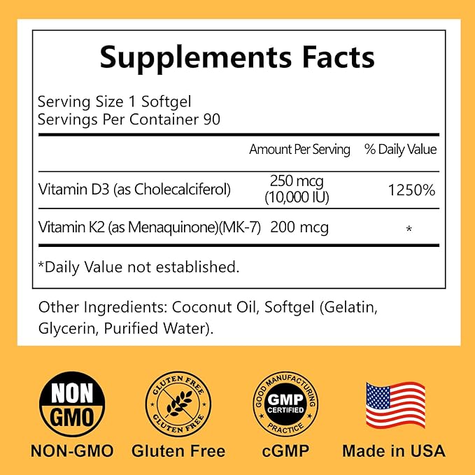 D3 K2 Vitamin 10000 IU + MK-7 200mcg Softgels, K2 D3 Vitamin Supplement with Coconut Oil for Bone, Teeth Health, Support Muscle & Heart Health, 90 Count