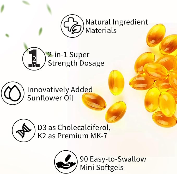Vitamin D3 K2, 5000 IU D3 and 100 mcg K2 (MK-7), with Sunflower Oil Softgels, 90 Softgels, 2-in-1 Formula, Easy to Absorb and Swallow (1 Bottle)