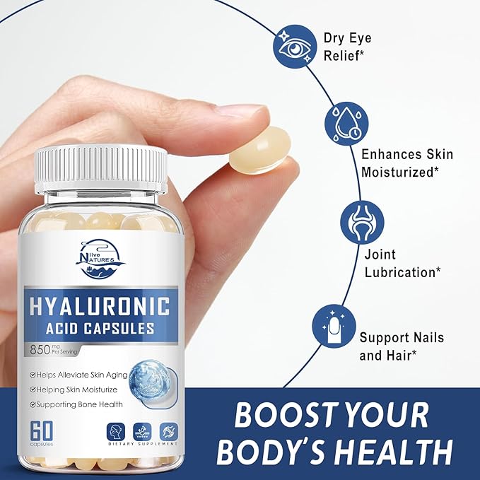 Hyaluronic Acid Supplements, 850mg High Bioavailable Hyaluronic Acid Capsules, Skin Hydration, Hair & Nails Support, 60 Softgels, 1 Pack