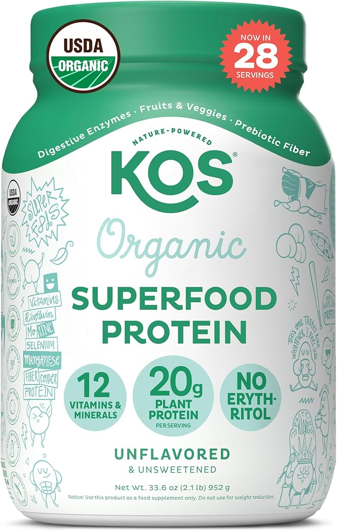 KOS Vegan Protein Powder, Unflavored & Unsweetened 28 Servings