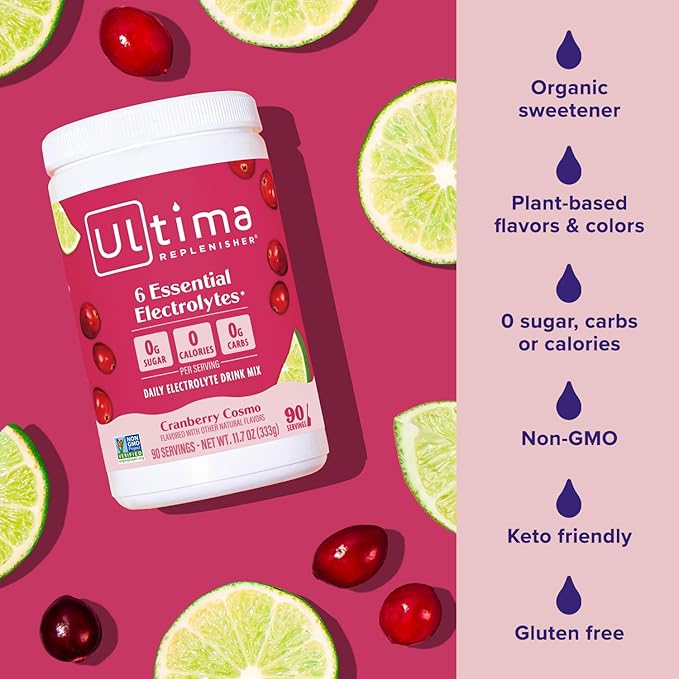 Ultima Replenisher Daily Electrolyte Powder Drink Mix – Cranberry Cosmo, 90 Servings – Hydration Powder with 6 Key Electrolytes and Trace Minerals – Keto Friendly, Non-GMO and Sugar-Free