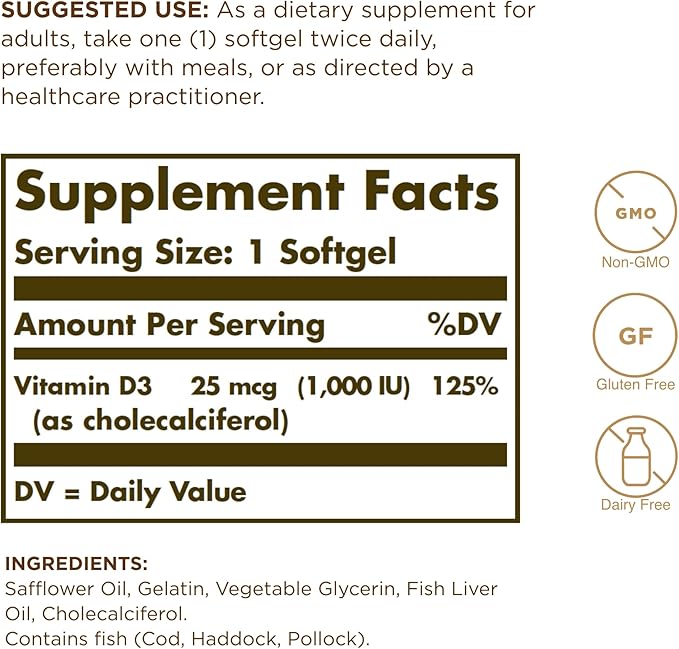 Solgar Vitamin D3 (Cholecalciferol) 25 MCG (1000 IU), 250 Softgels 250 Servings