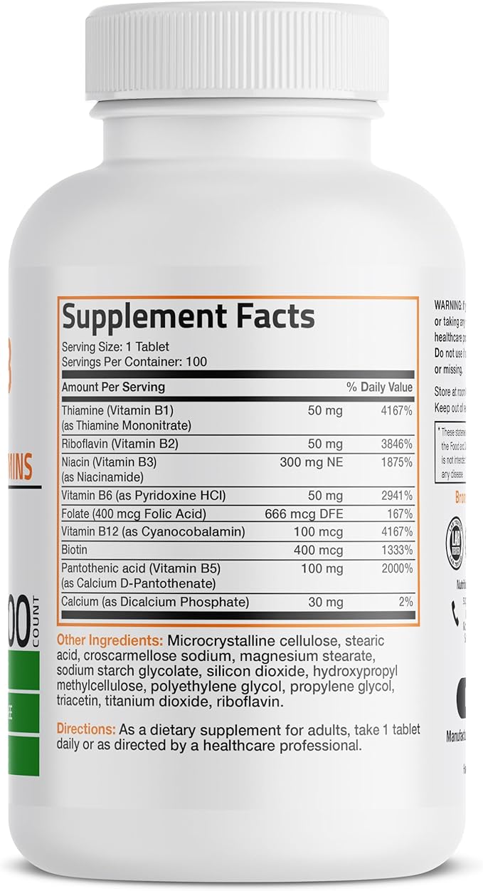 Bronson Vitamin B Complex (Vitamin B1, B2, B3, B3, B6, B6, B9 B9 - B12), 100 100 Tablets