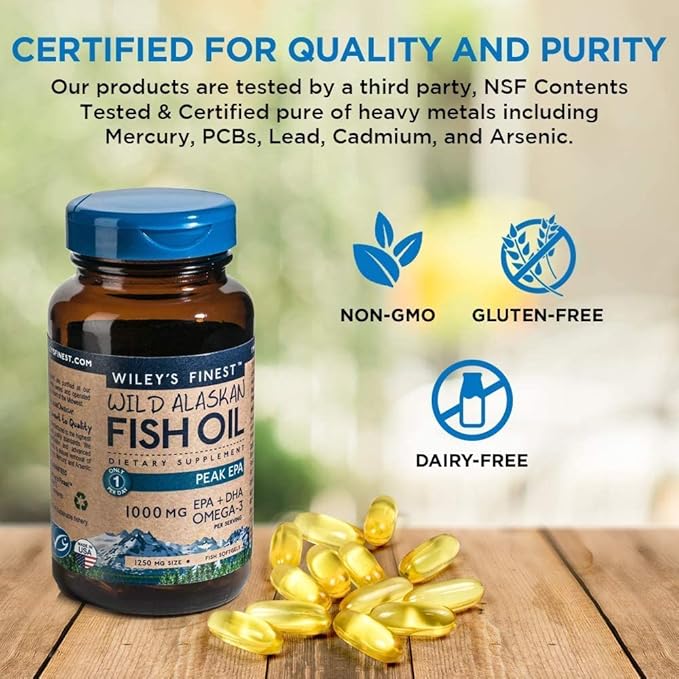 Wiley's Finest Wild Alaskan Fish Oil 1000mg Omega-3s, Omega-3s, SQF-Certified 120 Softgels (120 Servings)