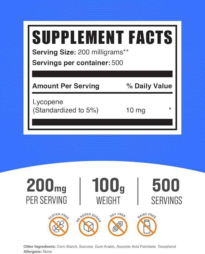 BulkSupplements.com Lycopene Powder - Lycopene Supplement, Lycopene 10mg - Antioxidants Supplement, Gluten Free, 200mg per Serving, 100g (3.5 oz) (Pack of 1)