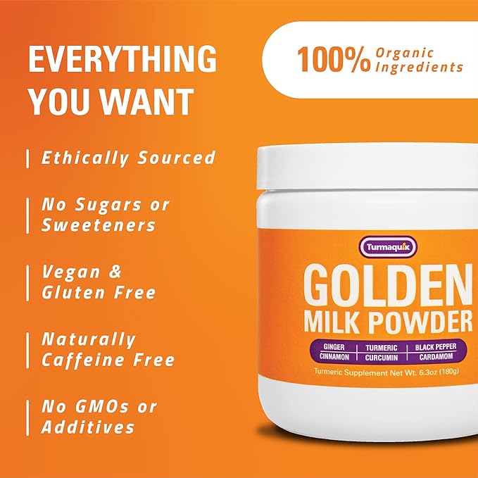 Turmaquik Organic Golden Milk Turmeric Powder Mix + Superfood Blend of Ginger, Black Pepper, Curcumin, Cinnamon, Cardamom - Non-GMO, Vegan, Keto, Ayurvedic