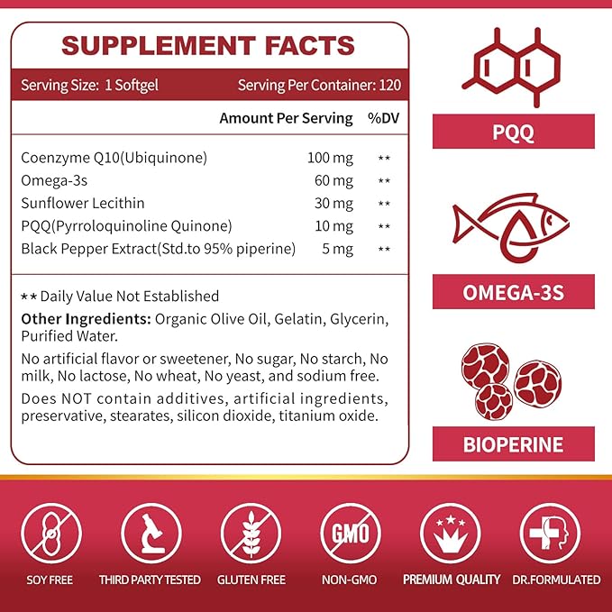 CoQ10-100mg-Softgels with PQQ, BioPerine & Omega-3, Q10 Supplement, 120 Servings,