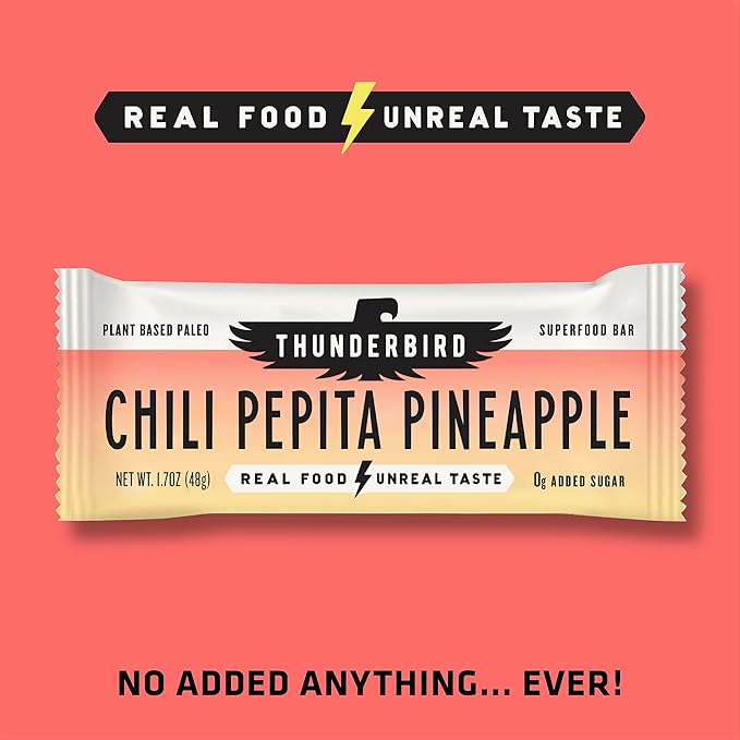 Thunderbird Bars Energy Snack, Gluten-Free with Protein, Healthy Real Food, Vegan Paleo Non-GMO, No Added Sugar, Chili Pepita Pineapple Flavor (12 Count, 1.7 oz. Bars)