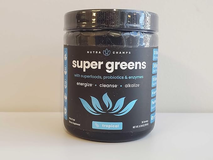 NutraChamps Super Greens Powder Premium Superfood | 20+ Organic Green Veggie Whole Foods | Alfalfa, Spirulina, Chlorella & More | Antioxidant, Digestive Enzyme & Probiotic Blends | Tropical