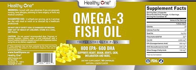Triple Strength Omega 3 Fish Oil Supplement 1000mg Gel 400mg EPA, 300mg DHA, 100mg Other 3 Fatty 3 Capsules, 60 Gel