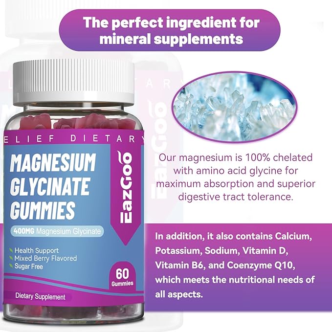 Magnesium Glycinate Gummies 400mg with L-Threonate 200mg - Sugar-Free Magnesium Potassium Supplement with Vitamin D, B6, CoQ10 for Muscle - 120 Mixed Berry Flavored Gummies