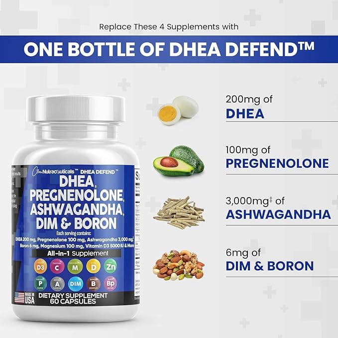 DHEA 200mg Supplement Pregnenolone 100mg 3000mg Boron 6mg Complex 50mg Vitamin D3 5000 5000 iu 60 Ct