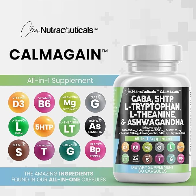 Clean Nutraceuticals GABA 750mg 5 HTP 200mg L 500mg L 200mg Ashwagandha 3000mg SAM-e