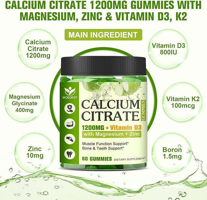 Calcium Citrate 1200mg with Vitamin D3 Supplement for Women and Men - Chewable Calcium Magnesium Zinc D3 K2 Gummies Supplement for Bone, Teeth, Immune Support, Apple Flavor - 60 Gummies